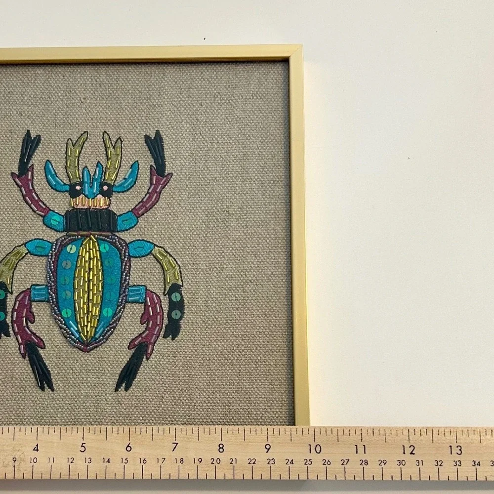 West Elm Gold Framed Wall Art‎ Embroidered Beaded Beetle Decor 10